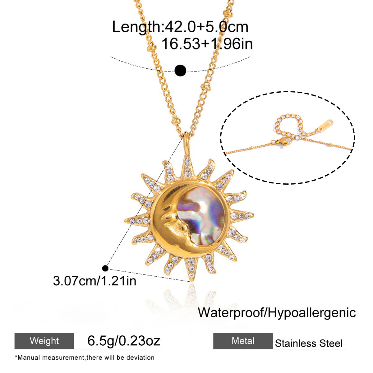 Stainless Steel Rhinestone Abalone Shell Sun Necklace