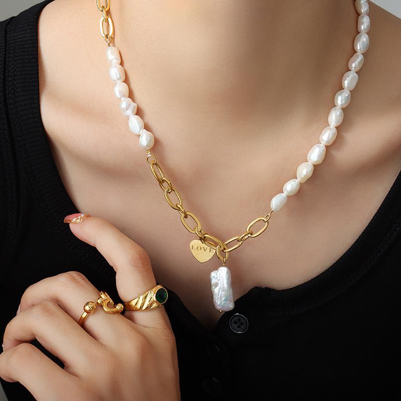 Link Chain Splicing Freshwater Pearl Charm Necklace