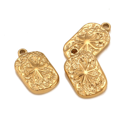 Pendentif rectangulaire en acier inoxydable avec étoile à six branches et revêtement PVD or 18 carats