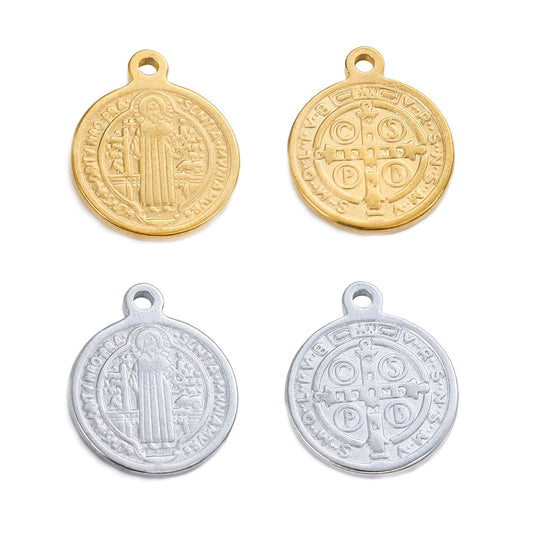 Pendentif croix en acier inoxydable avec pièce ronde