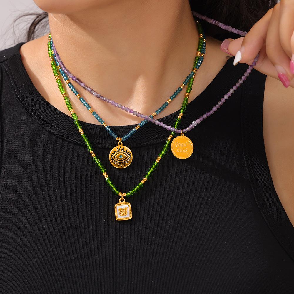 Stainless Steel Natural Stone Beaded Texture Pendant Necklace