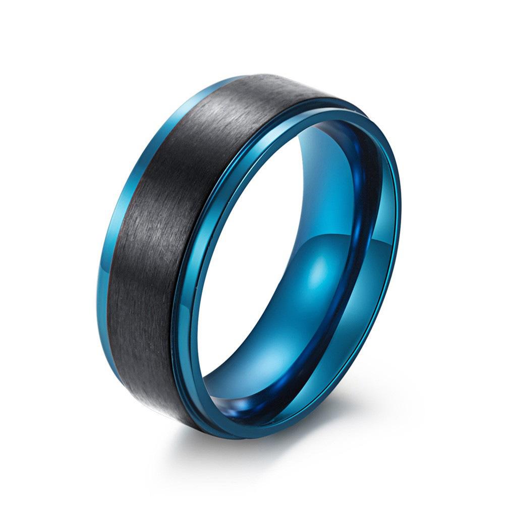 Brushed Blue Edge Men's Stainless Steel Blank Ring
