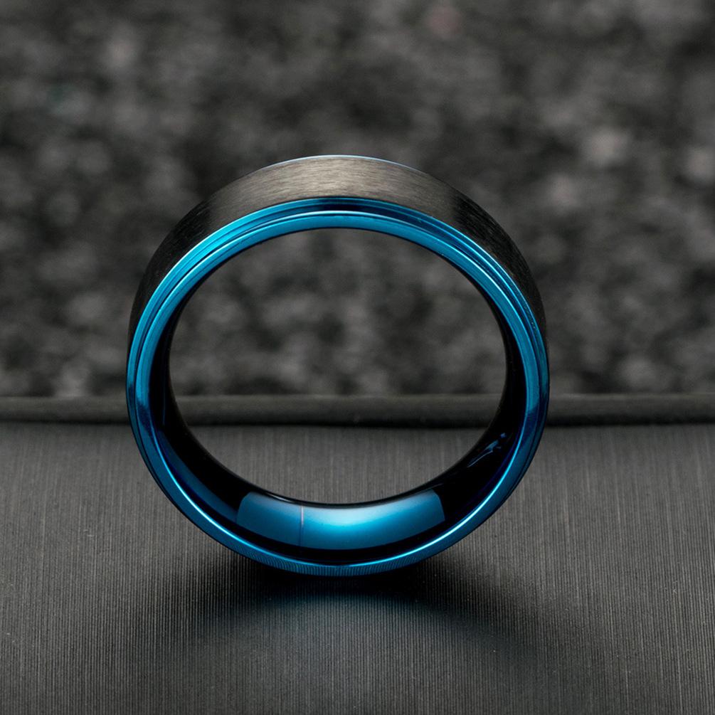 Brushed Blue Edge Men's Stainless Steel Blank Ring