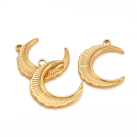 Striped Embossed Moon 18K Gold PVD Stainless Steel Pendant