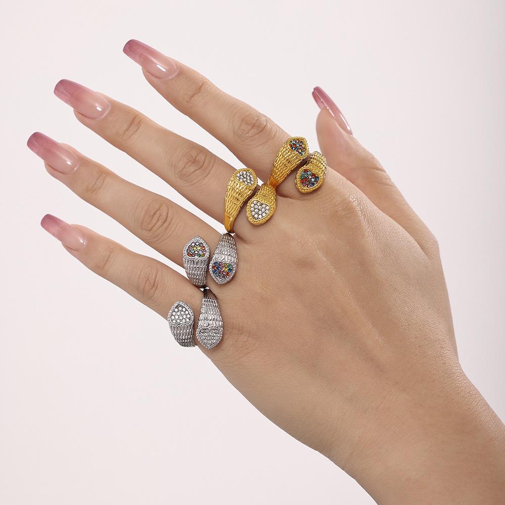 Stainless Steel Snake Pattern Double Heart Cubic Zirconia Cuff Ring