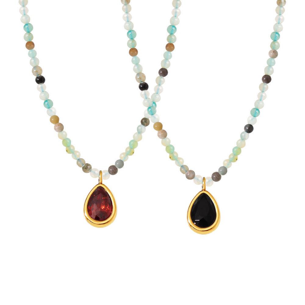 Stainless Steel Water Drop CZ Pendant Beaded Necklace