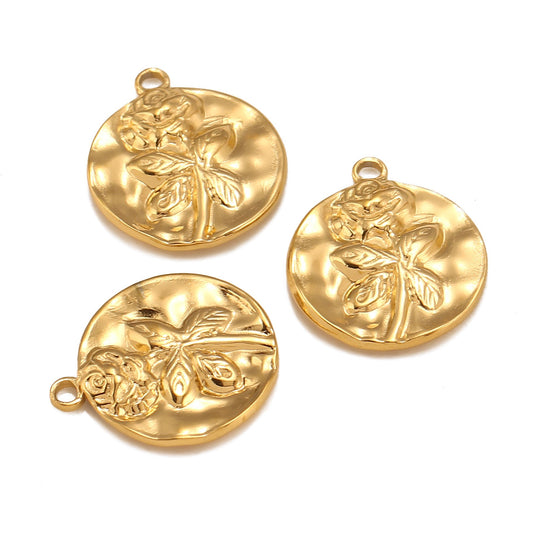 Pendentif rond en acier inoxydable avec rose