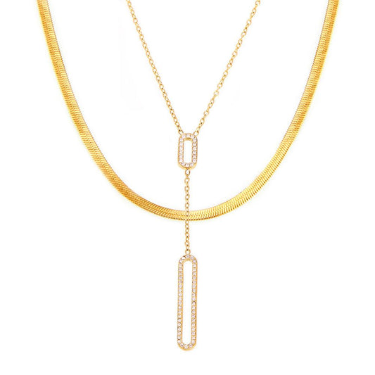 Hollow Rectangular Cubic Zirconia Layered Necklace