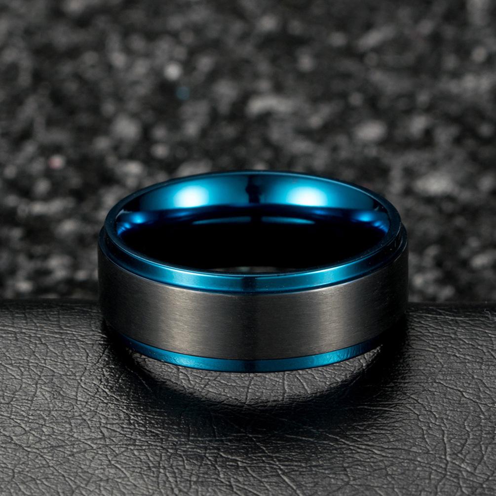 Brushed Blue Edge Men's Stainless Steel Blank Ring