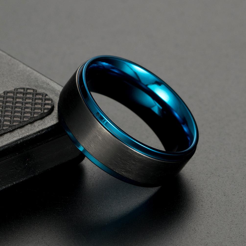 Brushed Blue Edge Men's Stainless Steel Blank Ring