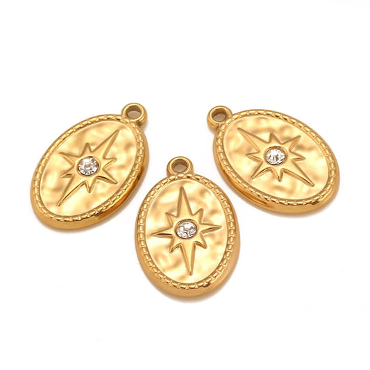 Pendentif étoile à huit branches ovale en acier inoxydable et oxyde de zirconium