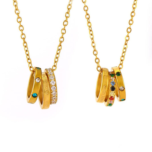 Stainless Steel Ring Inlay Cubic Zirconia Pendant Necklace