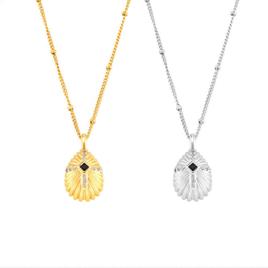 Shell Texture Inlay Cubic Zirconia Pendant Stainless Steel Necklace