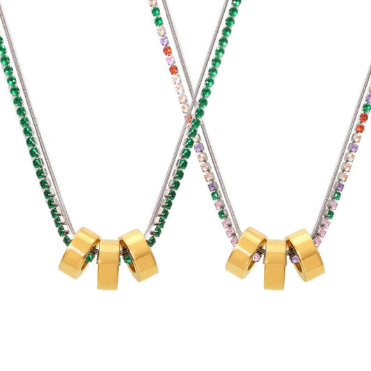 3mm Cubic Zirconia Chain 3 Rings Pendant Necklace