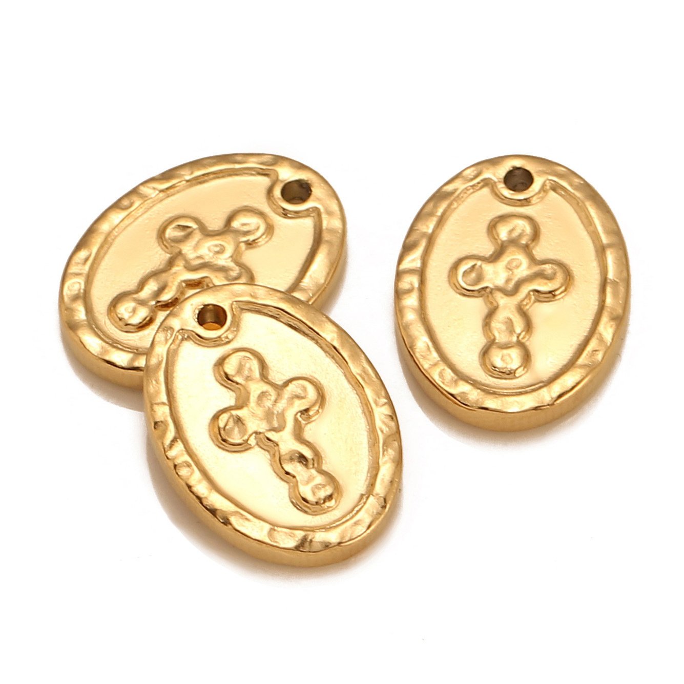 Pendentif croix en acier inoxydable avec relief 3D et étiquette ronde