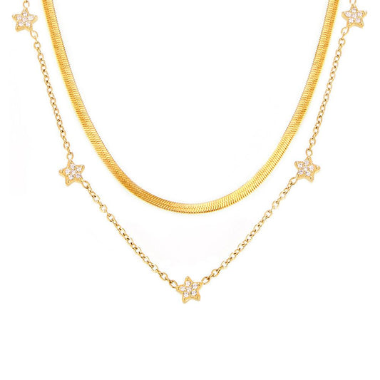 Stainless Steel Star Cubic Zirconia Layered Necklace