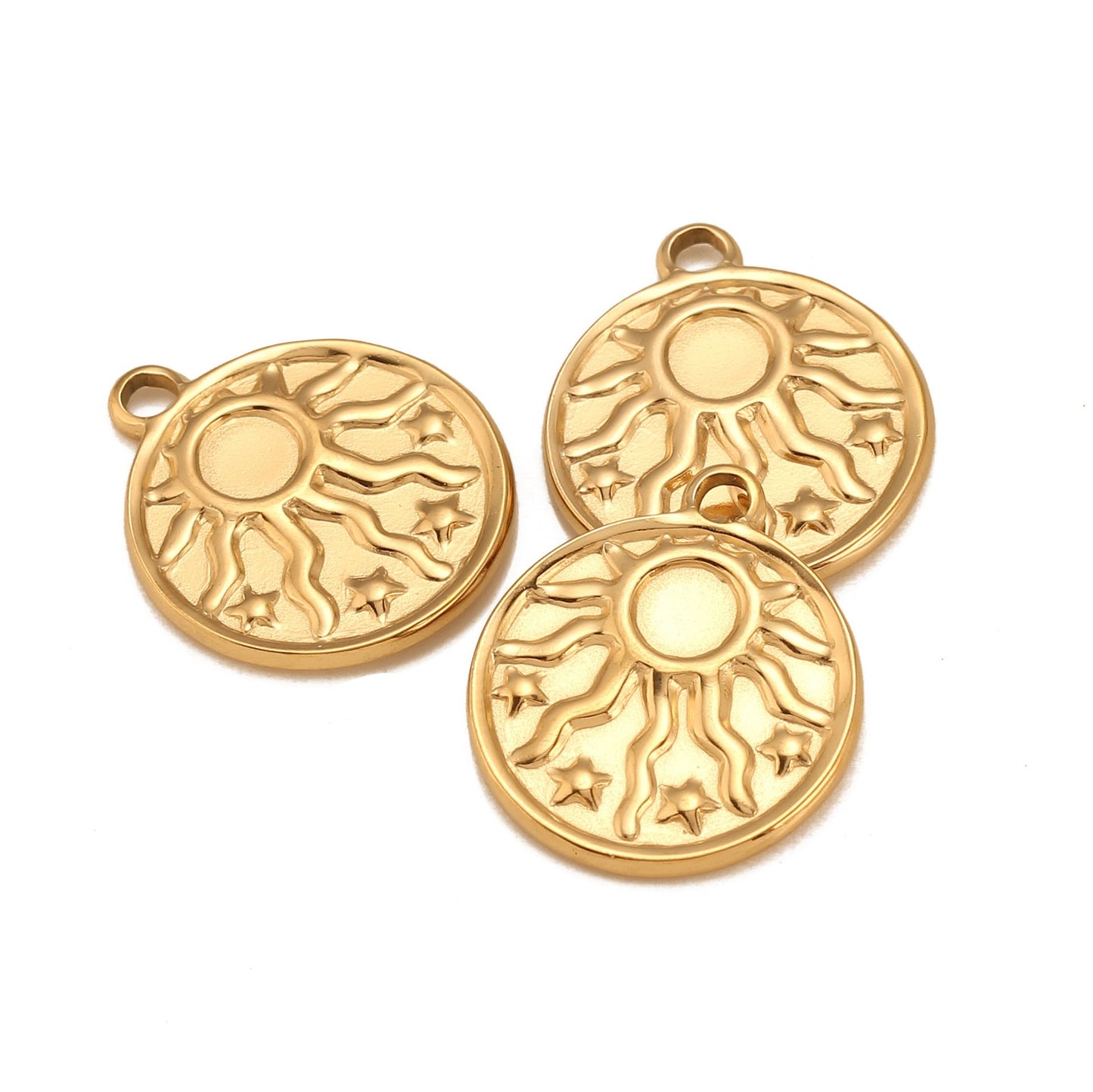 Pendentif rond concave en acier inoxydable avec étoile de soleil en relief