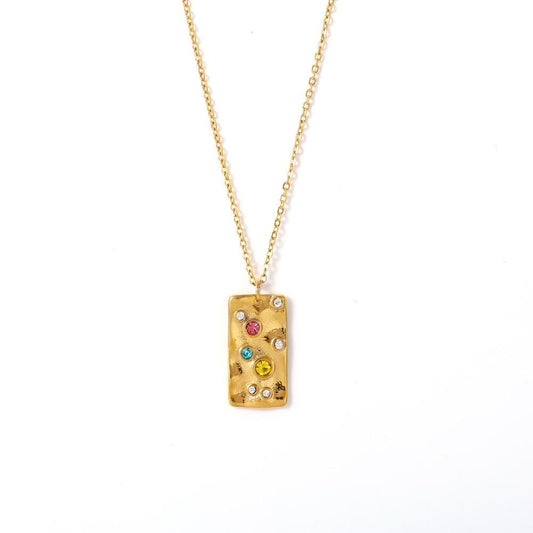 Stainless Steel Rectangular Rainbow Cubic Zirconia Necklace