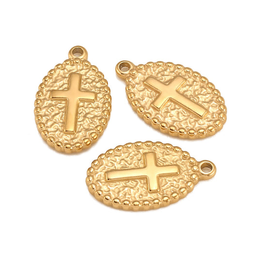 Pendentif en forme de croix ovale en acier inoxydable