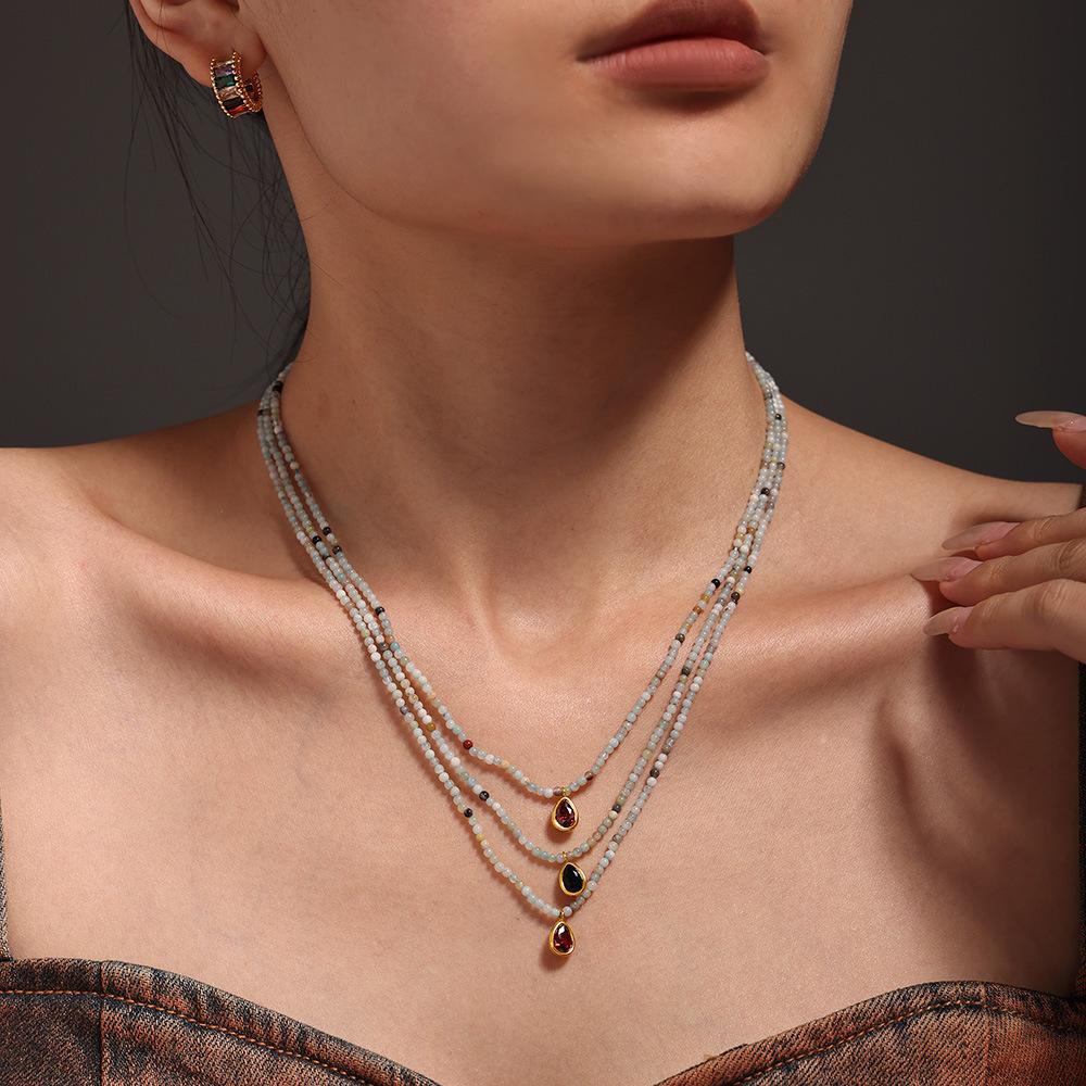 Stainless Steel Water Drop CZ Pendant Beaded Necklace