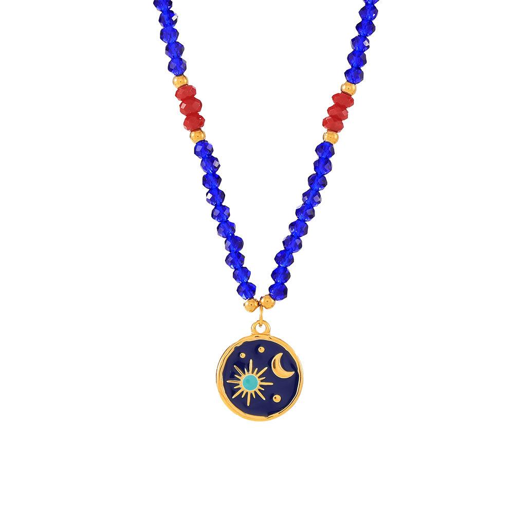 Stainless Steel Starry Sky Round Pendant Beaded Necklace