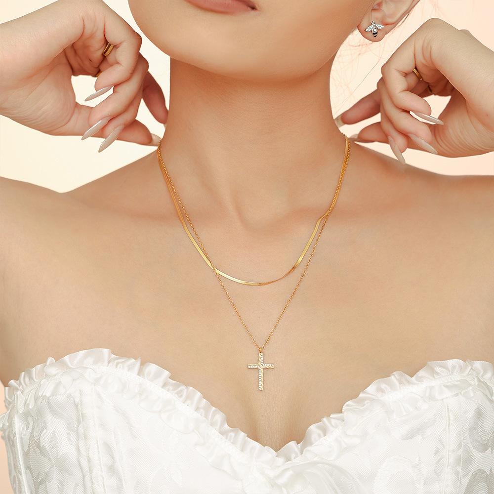 Stainless Steel Cross Cubic Zirconia Stacking Necklace