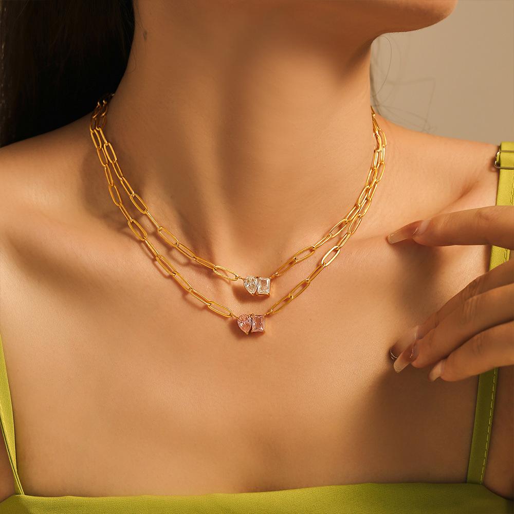 Paperclip Water Drop Square Cubic Zirconia Necklace