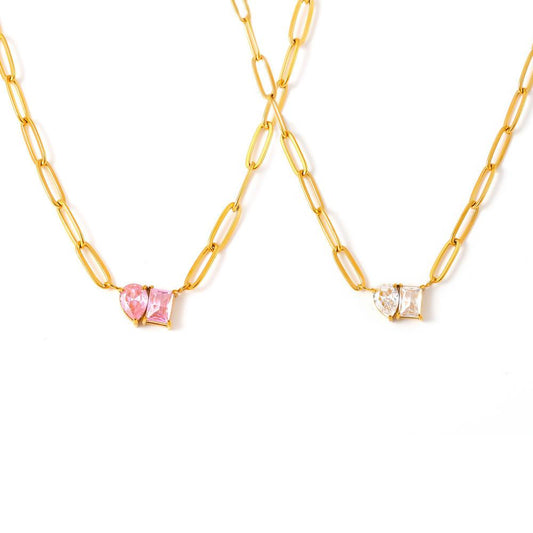 Paperclip Water Drop Square Cubic Zirconia Necklace