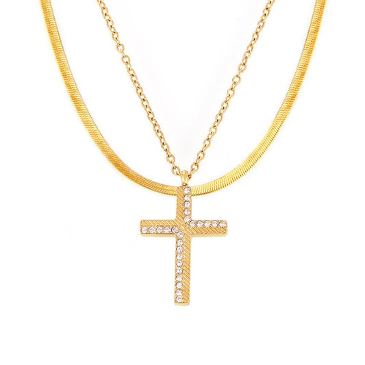 Stainless Steel Cross Cubic Zirconia Stacking Necklace