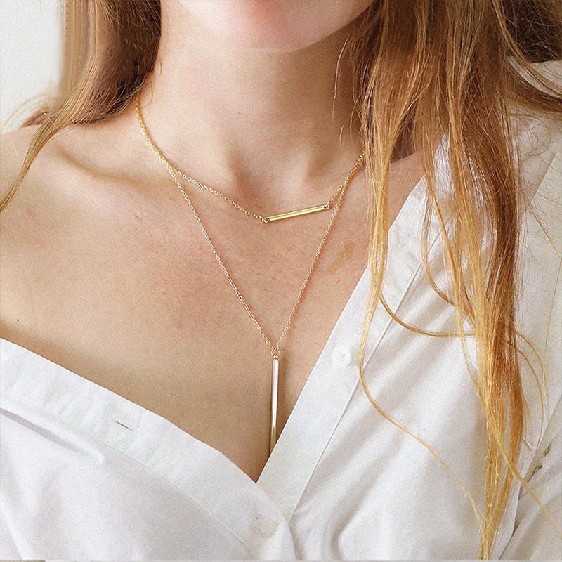 Stainless Steel Rectangular Pendant Double Layered Blank Necklace
