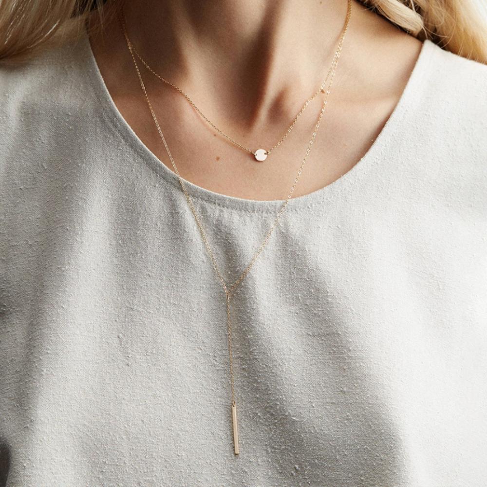 Stainless Steel Round Plate Double Layered Necklace