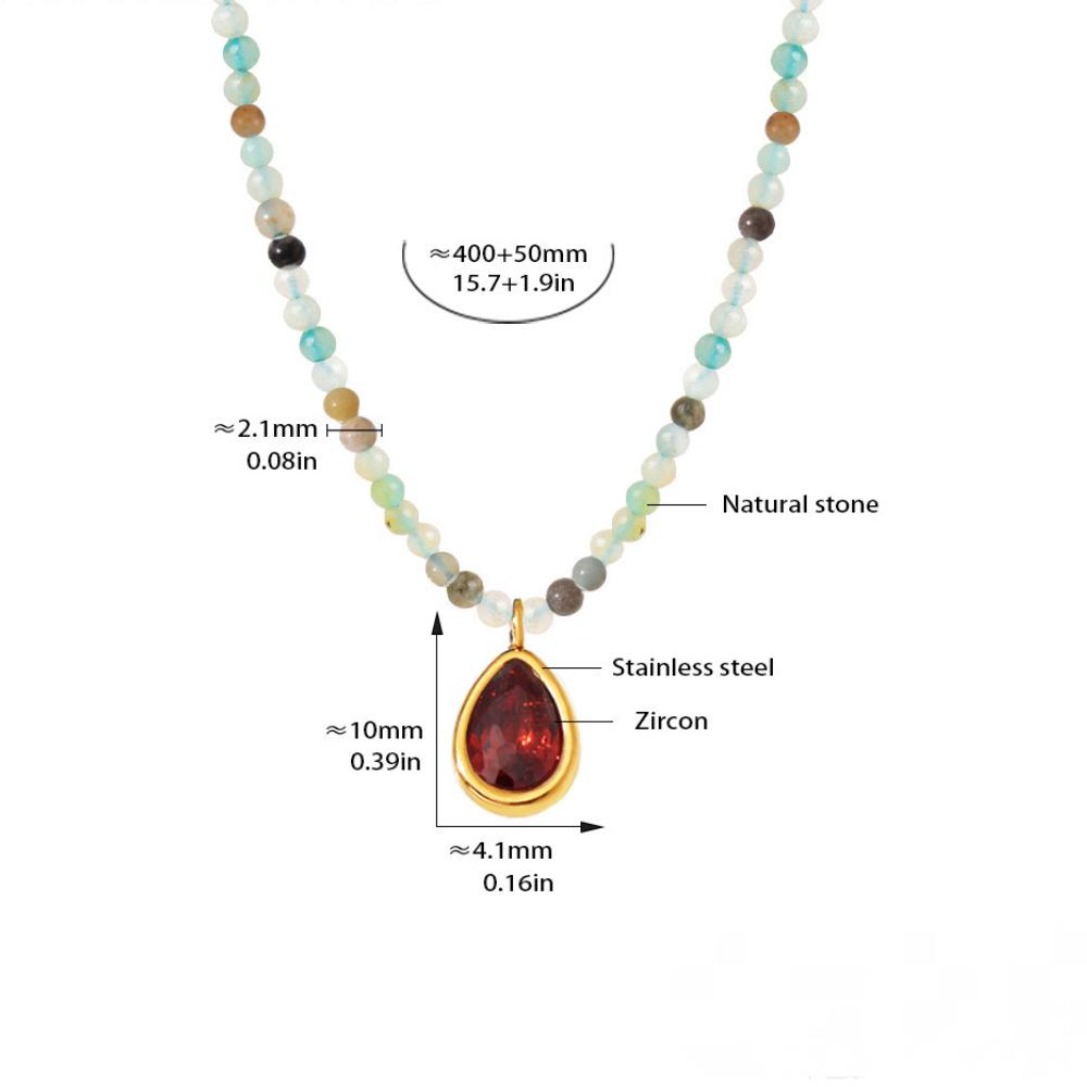 Stainless Steel Water Drop CZ Pendant Beaded Necklace